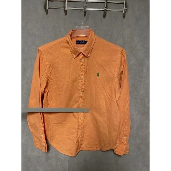 Ralph Lauren Shirt Men XL Orange Cotton Casual Button Up Green Pony Check Lined - Picture 2 of 11